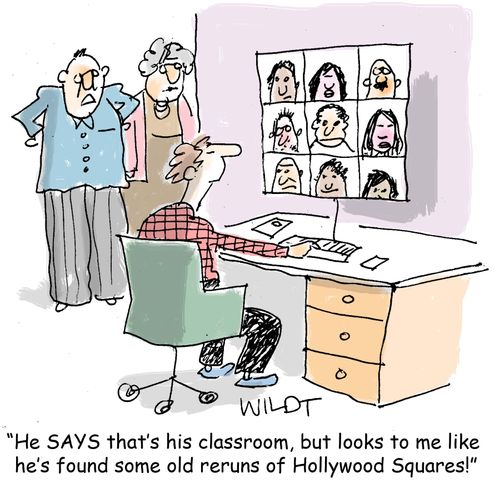 "He SAYS that's his classroom, but looks to me like  he's found some old reruns of Hollywood Squares!"
