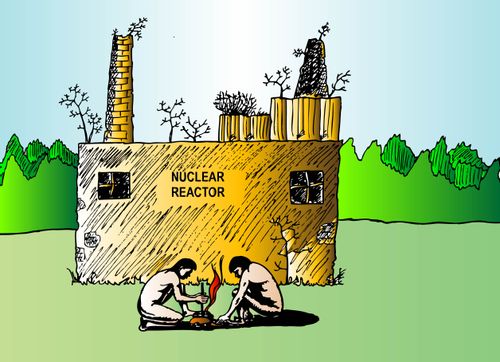 Cavemen try to light a fire next to an unused nuclear reactor.