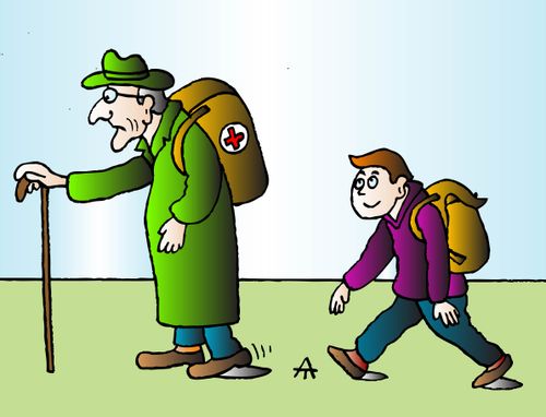 A young boy walking in an old man's footsteps