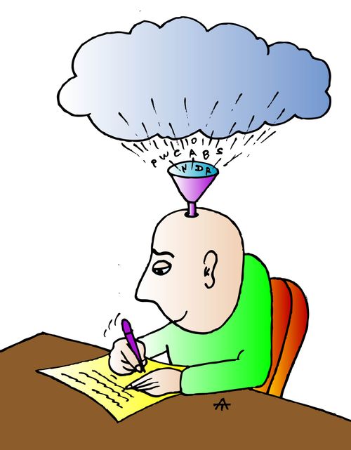 A writer underneath a storm cloud