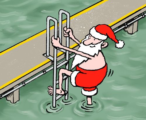 Santa entering a pool for a swim