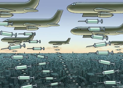 Planes drop vaccines over a city