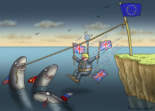 Boris Johnson zip lining into shark infested waters