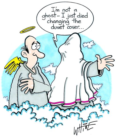 "I'm not a ghost - I just died changing the duvet cover..."