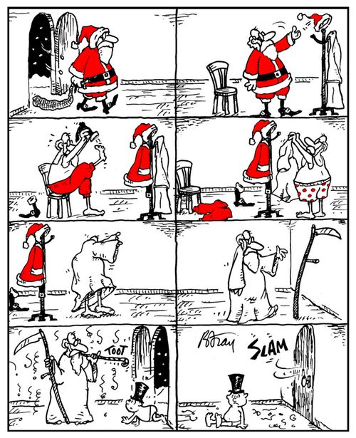 Santa finishes Christmas, turns into Father Time at New Years.