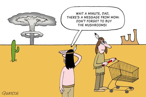 "Wait a minute Dad, there's a message from Mom: Don't forget to buy the mushrooms!"