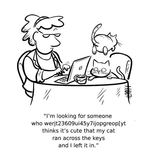 "I'm looking for someone who werjt23609ui45y7ijopgreop[yt thinks it's cute that cat ran across the keys and I left it in."