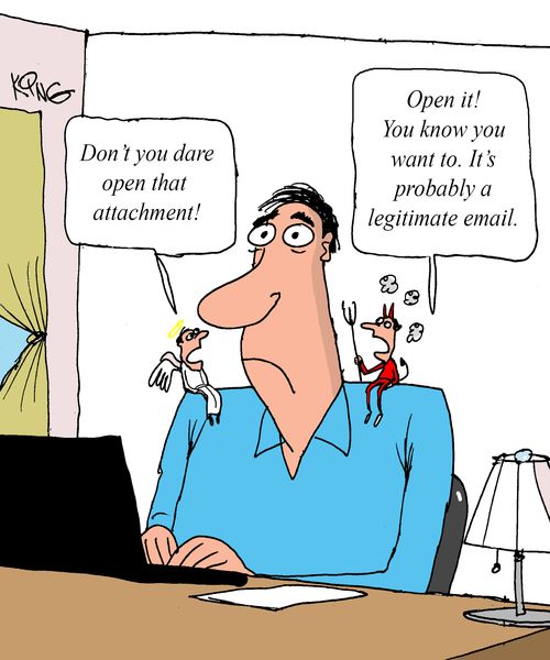 Angel and devil advising on whether a man should open an email attachment.