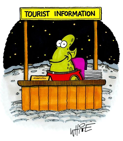 Alien sits at a Tourist Information Booth.
