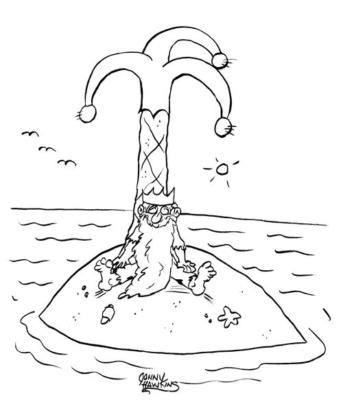 King on desert island sits beneath tree in shape of court jester hat