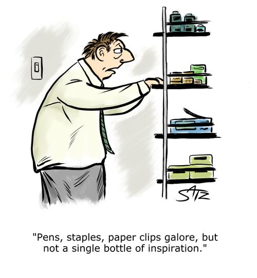 "Pens, staples, paper clips galore, but not a single bottle of inspiration."