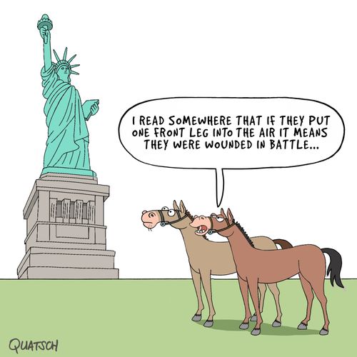 "Read somewhere that if they put one front leg into the air it means they were wounded in battle..."