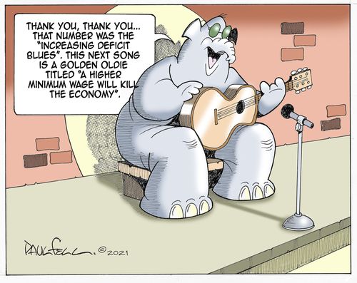"Thank you, thank you... That number was the "increasing deficit blues". This next song is a golden oldie titled " A higher minimum wage will kill the economy."