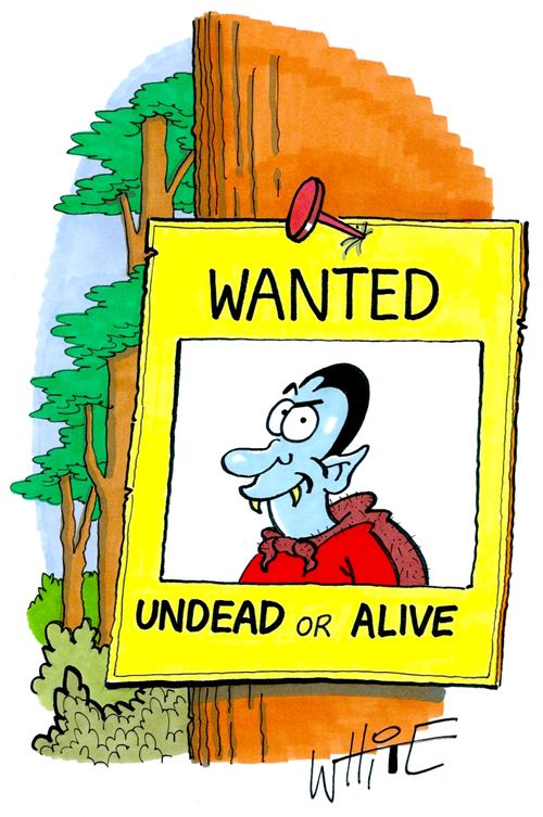 Image of devil on poster with caption 'Wanted Undead or Alive'.