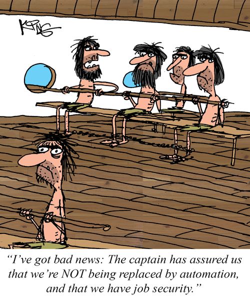 "I've got bad news: The captain has assured us that we're not being replaced by automation, and that we have job security."