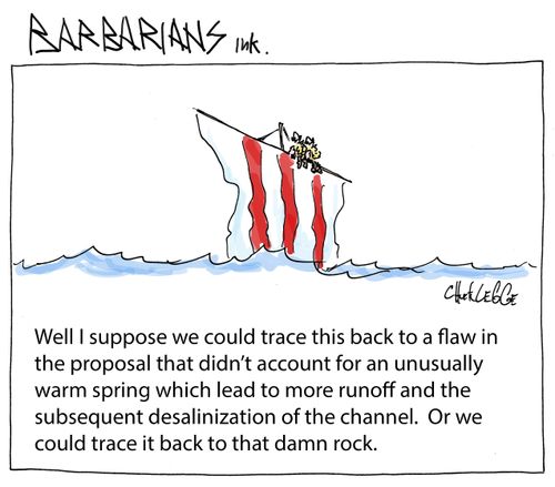 Well I suppose we could trace this back to a flaw in the proposal that didn't account for an unusually warm spring which lead to more runoff and the subsequent desalinization of the channel.  Or we could trace it back to that damn rock.