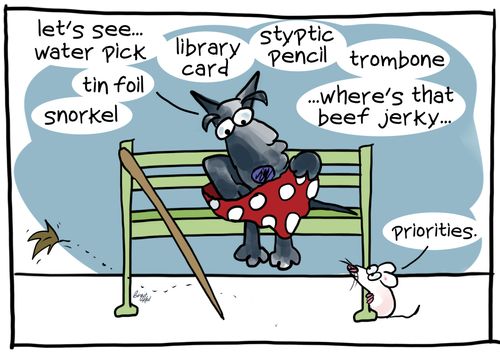 "Let's see... water pick, tin foil, snorkel..."