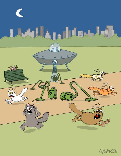 Aliens looking like vacuum cleaners scare off cats