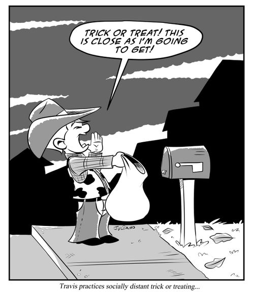 Travis practices socially distant trick or treating...