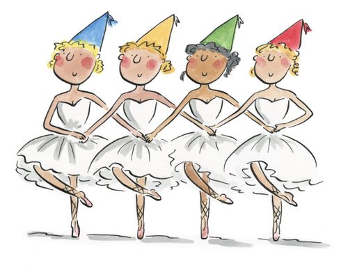 Swan Lake dancers wearing party hats.