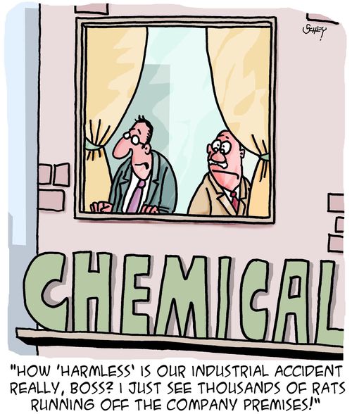 "How 'harmless' is our industrial accident really, boss? I just see thousands of rats running off the company premises."