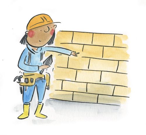 Bricklayer admires her work.