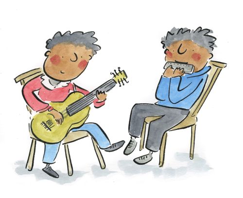 Two people play the guitar and harmonica.