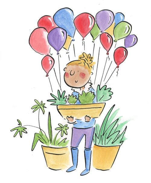 Person carrying balloons and plants.