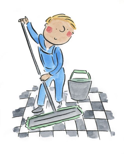 Janitor mops the floor.