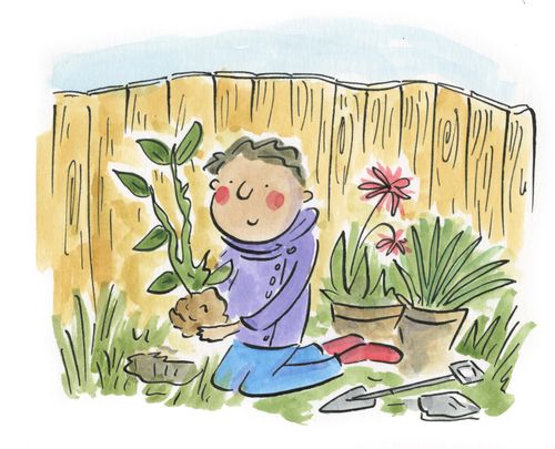 Man transplants plant in his garden.