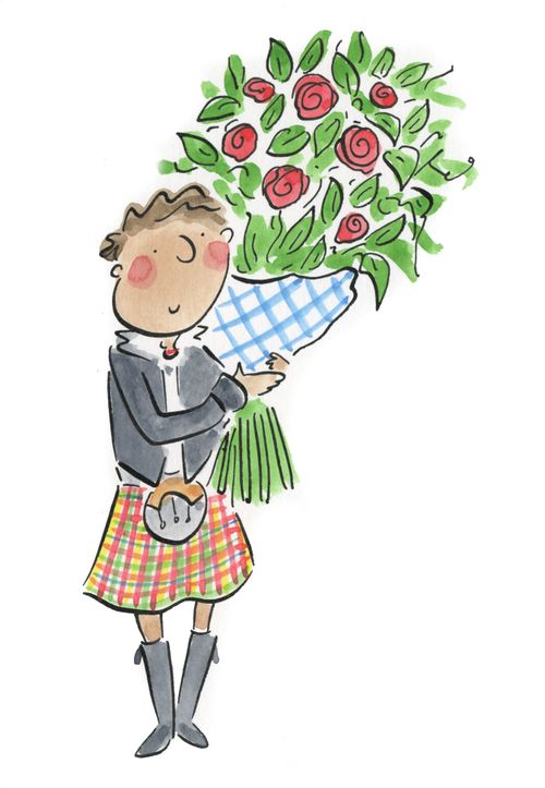 Man wearing a kilt carrying roses.