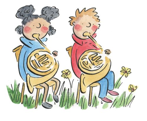Two people practice the french horn.