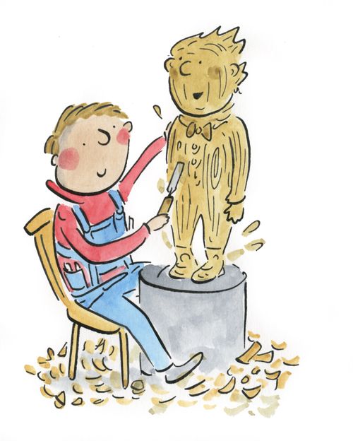 Little boy carves a statue.