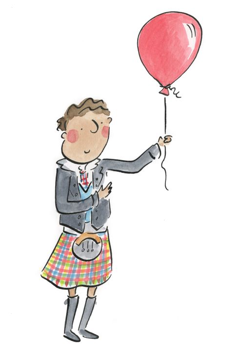Man in kilt with a balloon.
