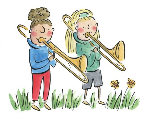 Two ladies practising the trombones.