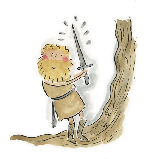 A bearded man holding a sword