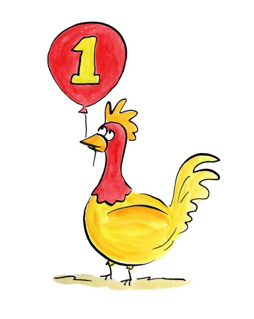 Chicken Holding a Balloon with One Written on it