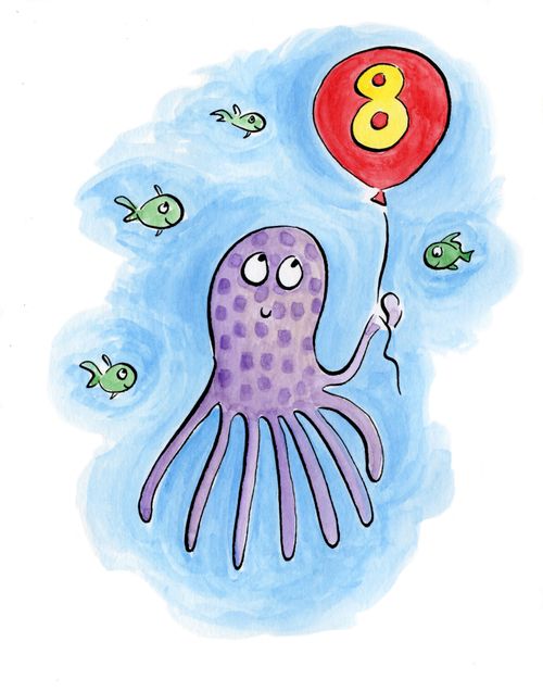 Octopus holding a balloon with the number eight