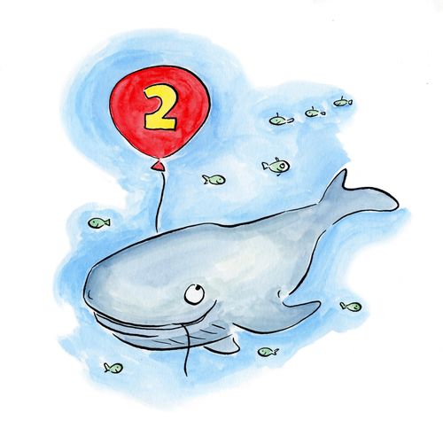 Whale holding a balloon with the number two