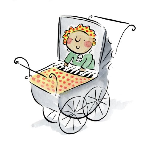 Baby playing a piano in it's pram