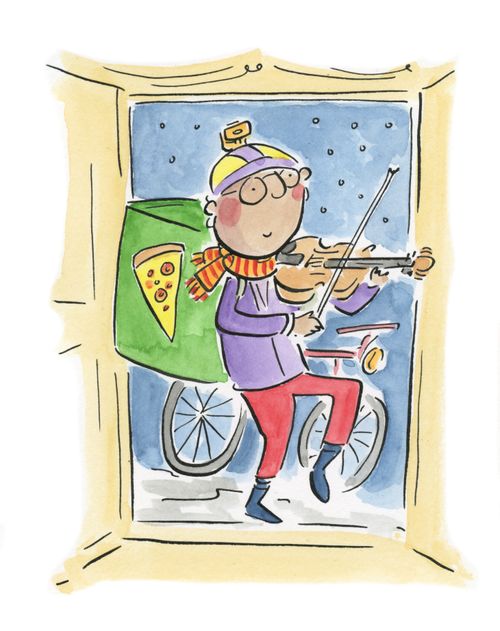 Delivery Person plays the violin
