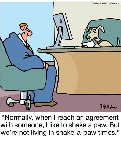 Normally, when I reach an agreement with someone, I like to shake a paw. But we're not living in shake-a-paw times.