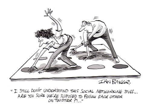 "I still don't understand this social networking stuff... Are you sure we're supposed to follow each other on Twister?!"