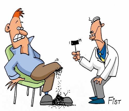 A doctor disintegrates a patient's leg with a reflex hammer