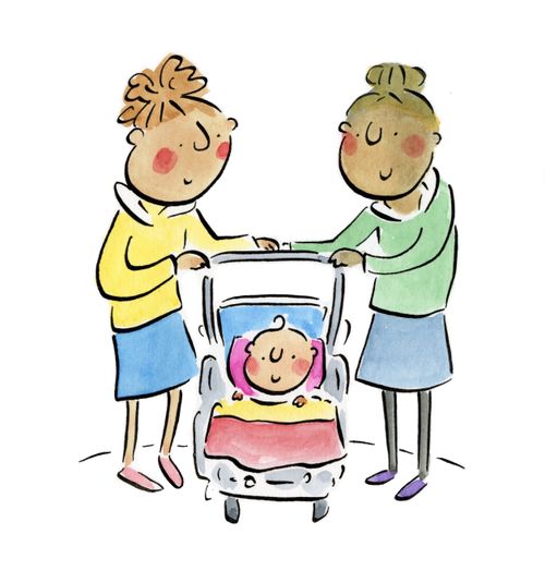 Two mum's pushing a stroller