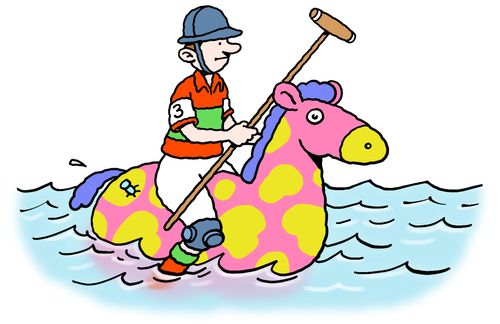 Polo player on an inflatable horse.