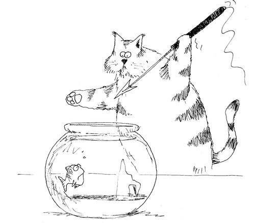 Cat with a harpoon waiting above the fish bowl.