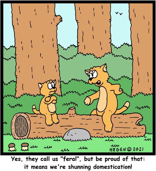 "Yes, they call us "feral", but be proud of that: it means we're shunning domestication!"