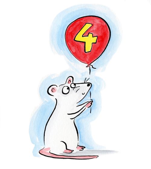 Mouse holding a four balloon. 