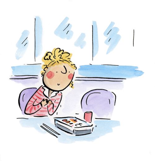 Woman opens sushi box.